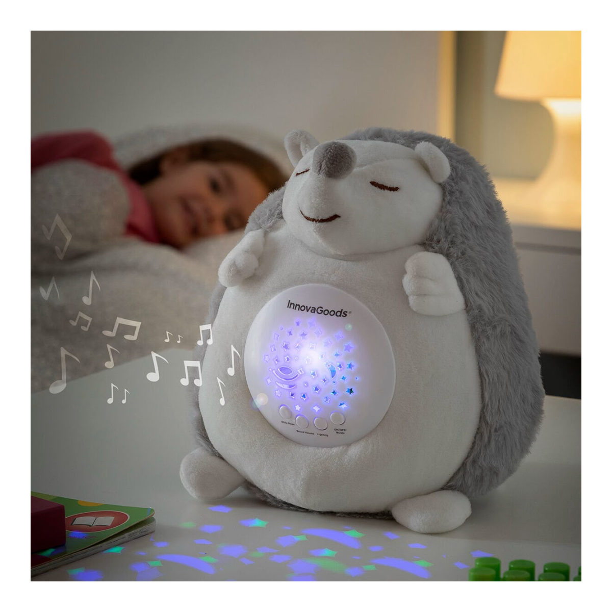 InnovaGoods Plüsch-Igel Spikey mit weißem Rauschen und Nachtlicht-Projektor